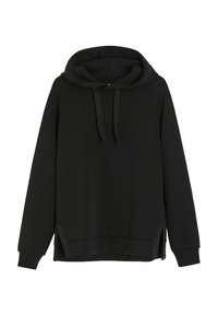 Czarna bluza z kapturem, wykonana z miękkiego materiału, charakteryzująca się luźnym krojem, ściągaczami przy mankietach oraz bocznymi rozcięciami, które zapewniają dodatkową swobodę ruchów i komfort.