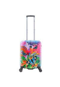 Hard-shell suitcase with colorful floral and butterfly design. Features a retractable handle, four wheels, and a glossy finish.