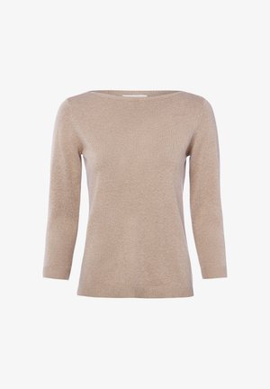 Maglione beige lavorato a maglia con maniche a tre quarti, scollo rotondo e polsini e orlo a coste, mostrato su sfondo bianco.