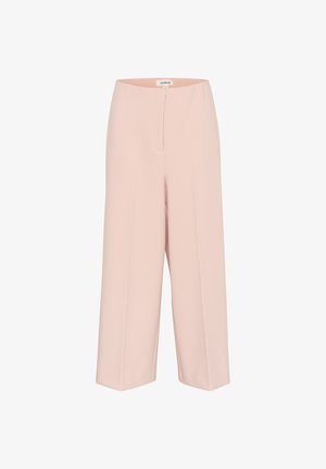 Lyserøde vide bukser lavet af et glat, let materiale. Har en linning og en plissé foran i midten. Lige snit til anklerne.