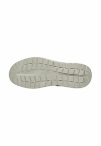 Suela de zapato de goma en gris claro con una superficie texturizada y estampada, y profundas ranuras para tracción. Presenta un detalle de marca central.