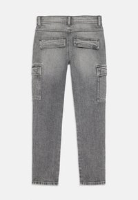 Gray denim cargo pants with a straight leg design. Features two back pockets and two side cargo pockets. Soft, textured fabric.