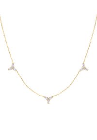 Gouden ketting met drie driehoekige clusters van heldere edelstenen. Het ontwerp is delicaat met fijne, gelijkmatige schakels en heeft een minimalistische stijl.