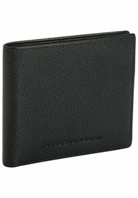 Portafoglio in pelle nera con texture in design bi-fold. Presenta un marchio in rilievo discreto e bordi cuciti puliti per una maggiore durata.