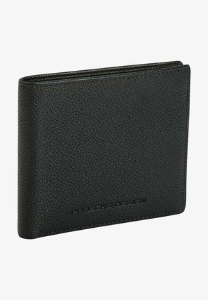 Portafoglio in pelle nera con texture in design bi-fold. Presenta un marchio in rilievo discreto e bordi cuciti puliti per una maggiore durata.