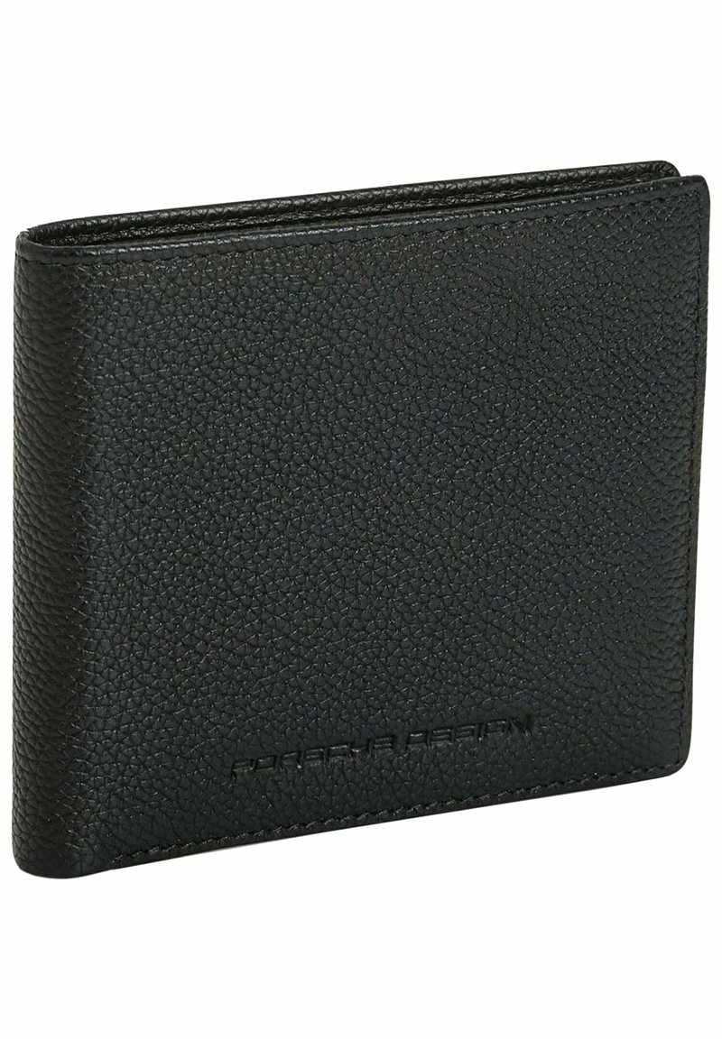Portafoglio in pelle nera con texture in design bi-fold. Presenta un marchio in rilievo discreto e bordi cuciti puliti per una maggiore durata.