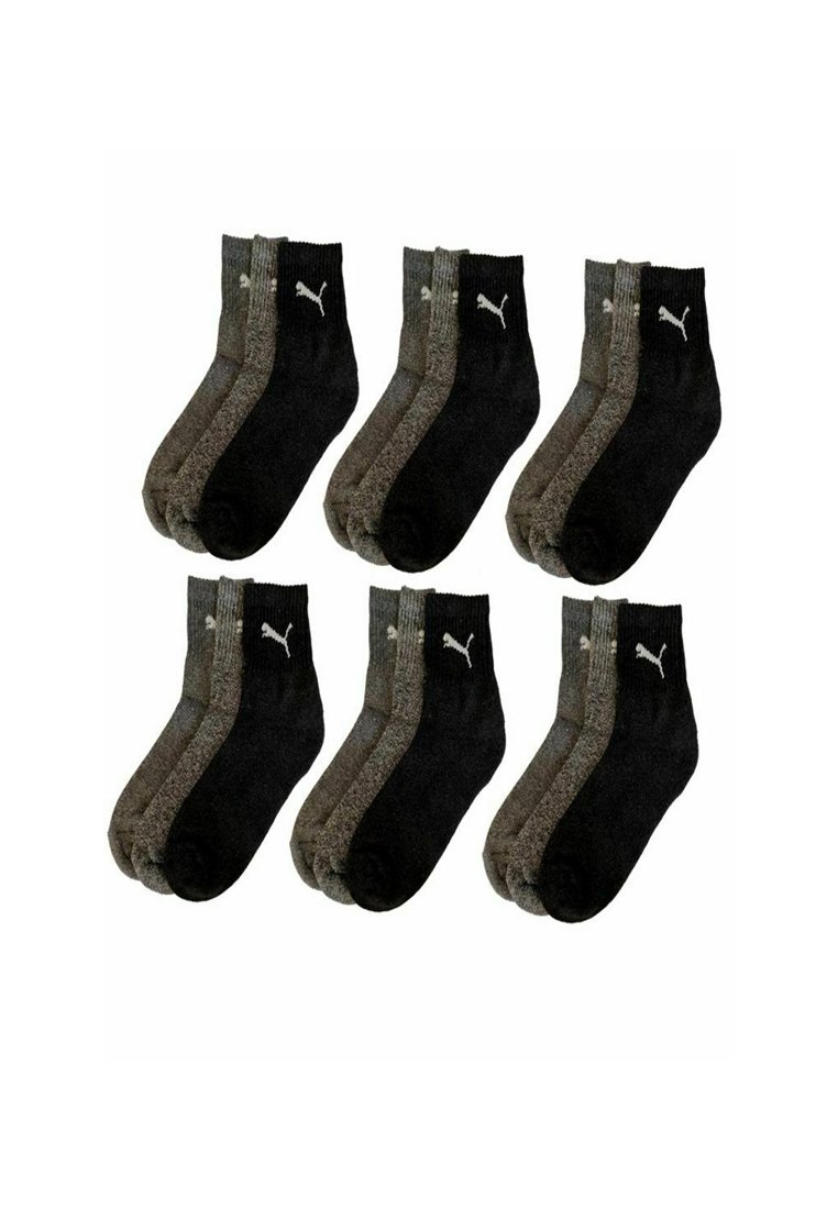 Sechs Paar schwarze und graue Knöchelsocken mit einem weißen Puma-Logo, in zwei Reihen auf einem weißen Hintergrund angeordnet.