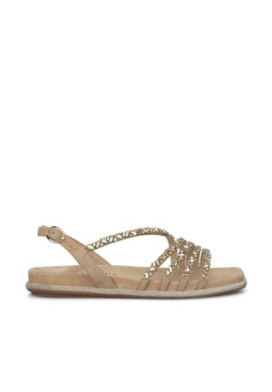 Beige sandaal met meerdere smalle bandjes en sierlijke accenten aan de voorkant. Voorzien van een platte zool met een subtiele glans en een verstelbare enkelriem.