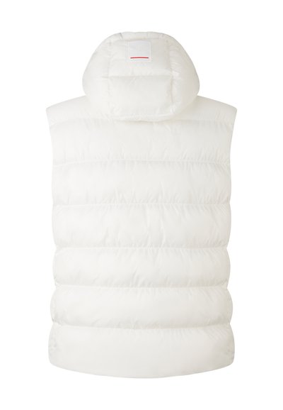 Witte fluffy vest met een capuchon, met gequilte secties, een gestructureerd oppervlak en een logo-label op de achterkant. Geen voorkantopeningen.