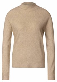 Beige långärmad tröja med hög krage, tillverkad av ett texturerat stickat tyg, med avslappnad passform och ribbade mudd och nederkant.