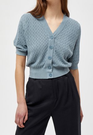 Světlomodrý pletený svetr na zapínání se vzorovanou texturou, výstřihem do V a zapínáním na šest knoflíků. Krátké rukávy a přiléhavý pas doplňují elegantní kalhoty.