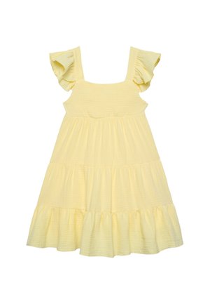 Vestito da ragazza color giallo chiaro senza maniche, con spalline arricciate e gonna a balze, realizzato in tessuto leggero e strutturato.