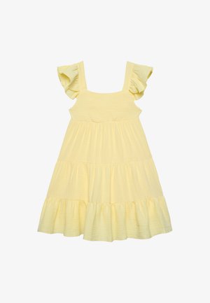 Vestito da ragazza color giallo chiaro senza maniche, con spalline arricciate e gonna a balze, realizzato in tessuto leggero e strutturato.