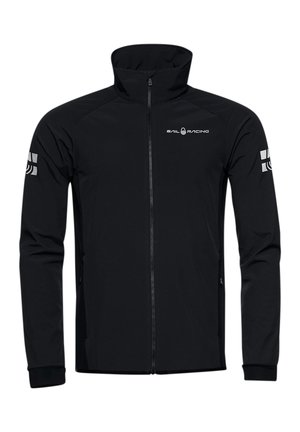 Zwarte, ritsjack gemaakt van rekbare stof. Heeft een hoge kraag, strakke manchetten, zijzakken en een bedrukt logo en accenten op de mouwen.