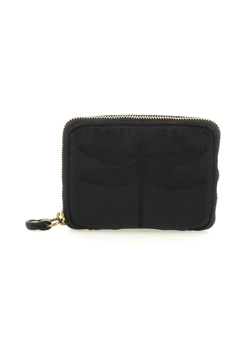 Portafoglio rettangolare nero con zip, con un sottile design di libellula impresso sul davanti e una cerniera color ottone.