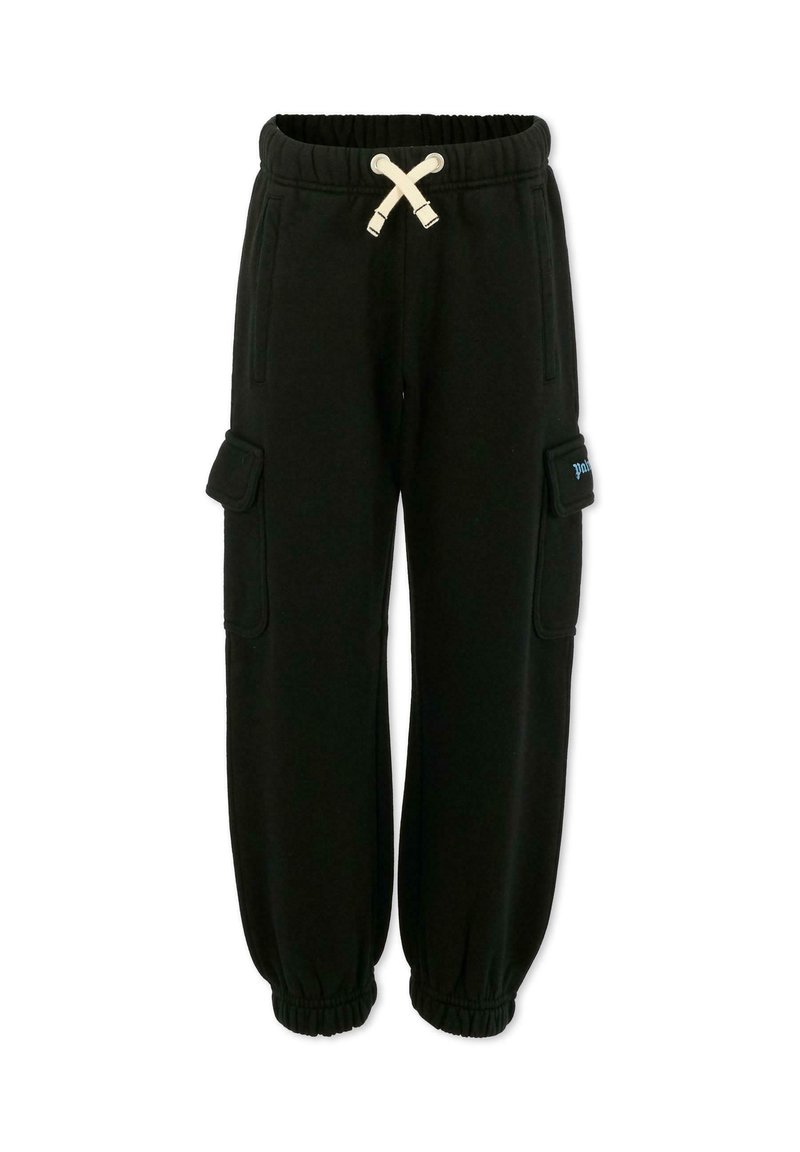 Zwarte trainingsbroek gemaakt van zachte stof met een elastische tailleband, verstelbaar koord, geribde boorden en zijvakken.