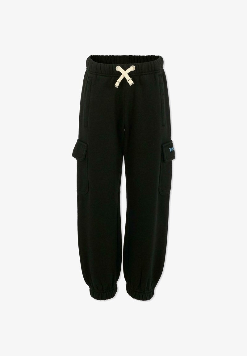 Zwarte trainingsbroek gemaakt van zachte stof met een elastische tailleband, verstelbaar koord, geribde boorden en zijvakken.