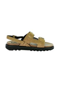 Tan mockasinsandaler med två justerbara remmar, en vadderad innersula och en tjock svart gummisula. Öppet design för andningsförmåga och komfort.