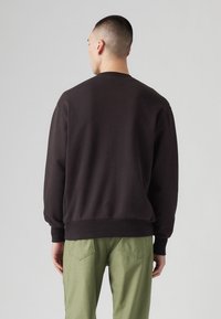 Felpa marrone scuro con maniche lunghe e scollo arrotondato, vista da dietro, abbinata a pantaloni verde chiaro. Tessuto liscio, vestibilità casual.