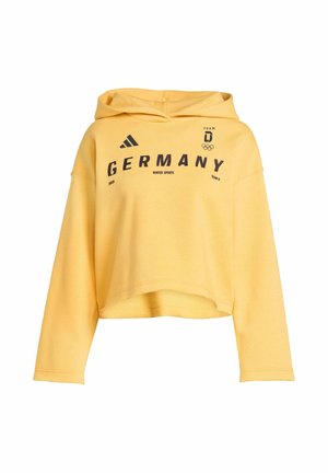 Felpa corta gialla in tessuto morbido con scritte "GERMANY" e loghi olimpici stampati in viola scuro, con maniche lunghe e cappuccio.