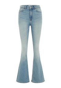 Helle blaue Jeans im Bootcut-Stil mit hoher Taille, ausgestattet mit einem Knopfverschluss, fünf Taschen und einer ausgeblichenen Waschung für einen Vintage-Look.