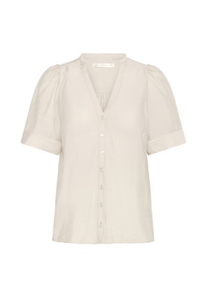 Helle beigefarbene Bluse aus weichem Material, mit V-Ausschnitt, kurzen Puffärmeln und einer durchgehenden Knopfleiste mit sechs perlenartigen Knöpfen.