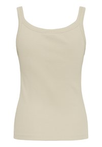 Débardeur beige côtelé avec des bretelles fines et une coupe ajustée. Construction simple et sans couture, sans logos ni motifs visibles.