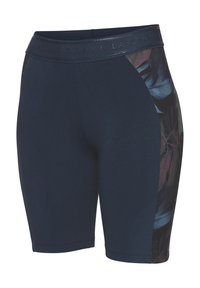Navy athletic shorts with a fitted design, featuring a floral pattern on the sides and a textured waistband with branding.