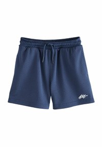 Pantaloni corti in rete blu navy con cintura elastica, chiusura con cordino e accento del logo bianco sull'orlo sinistro inferiore.