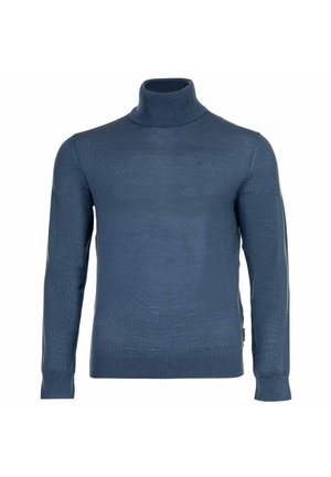 Marineblå langærmet rullekravesweater med ribbet manchet og kant, vist på en ensfarvet hvid baggrund.