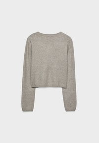 Maglione accorciato grigio chiaro, texture morbida, maniche lunghe, scollatura rotonda, polsini e orlo a costine, vista posteriore con cuciture e dettagli minimi.