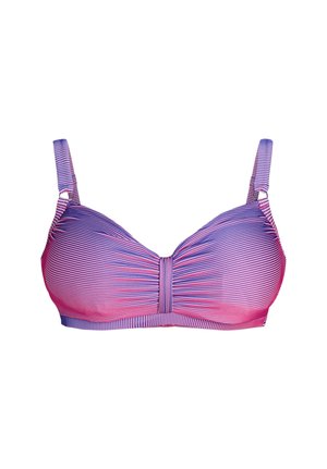 Lila- und pink gestreifter kabelloser BH mit verstellbaren Trägern und gerafftem Mittelteil.