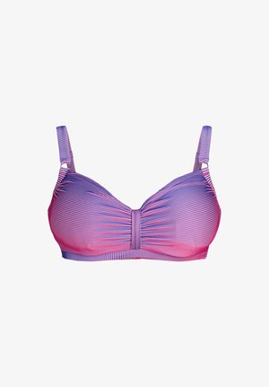 Purppuran- ja vaaleanpunaraitainen langaton rintaliivit säädettävillä olkaimilla ja ryppyinen keskiosa edessä.