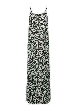 Vestito lungo senza maniche con sottili bretelle, caratterizzato da un motivo astratto nero su sfondo bianco.