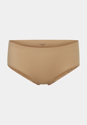 Beige bomullblanding hipster-truser med en glatt overflate, med bredt liv og dekorative mesh-detaljer langs kantene.