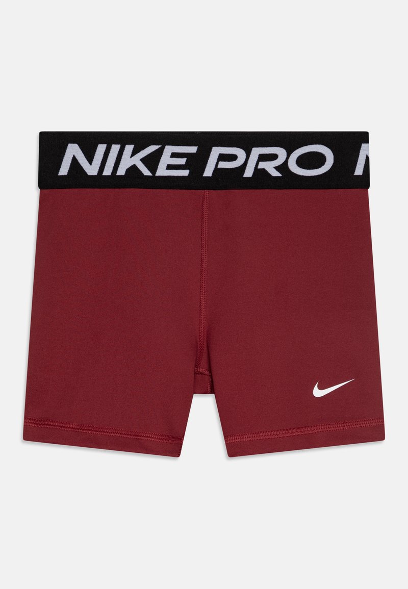 Pantaloni sportivi rossi realizzati in materiale liscio, con una cintura nera su cui è stampato in bianco "NIKE PRO" e un piccolo logo Nike bianco sulla gamba.