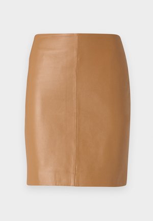 Tan leather mini skirt with a sleek design, featuring a smooth texture and a straight silhouette, unembellished and without pockets.