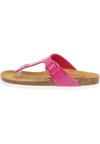 Rosa glittrig flip-flop sandal med spänne, formad korkfotbädd och vit gummiyttersula, med slät textur och avslappnad design.