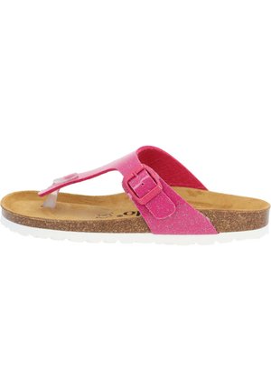 Rosa Glitzer-Flip-Flop-Sandale mit einer Schnallenriemen, konturiertem Korkfußbett und einer weißen Gummisohle, die eine glatte Textur und ein lässiges Design bietet.