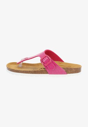 Pink glitter flip-flop sandal med spænde, kontureret kork sål og hvid gummisål, med glat overflade og afslappet design.