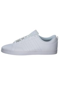 White athletic shoes made of synthetic material featuring a smooth finish, lace-up design, three side stripes, and a flat rubber sole.