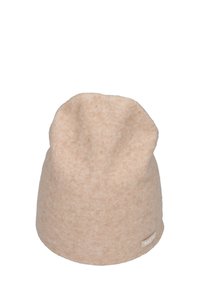 Beige knit beanie hat with a soft texture, rounded shape, and a small side label. Fabric appears warm and comfortable.