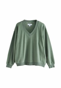Grøn fleecetrøje med V-hals, dropped shoulders og lange ærmer. Blød tekstur og ribbede manchetter; afslappet design.