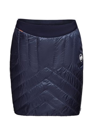 Navy geïsoleerde rok met een chevron-quiltpatroon, elastische tailleband en logo-detail aan de onderkant rechts. Gladde, synthetische stof.