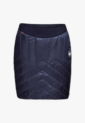 Navy geïsoleerde rok met een chevron-quiltpatroon, elastische tailleband en logo-detail aan de onderkant rechts. Gladde, synthetische stof.