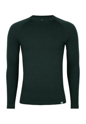 Donkergroen nauwsluitend shirt met lange mouwen en een ronde hals, raglanmouwen en een klein wit label aan de onderzoom.