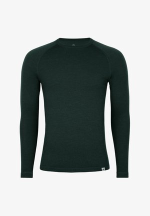 Mørkegrøn, langærmet tætsiddende rundhalset trøje med raglanærmer og et lille hvidt mærke forneden ved kanten.