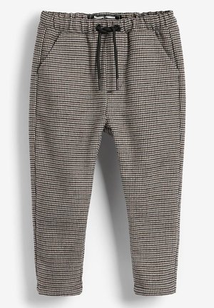 Pantalon slim pour enfants avec motif pied-de-poule noir et blanc, taille élastique et cordon noir.
