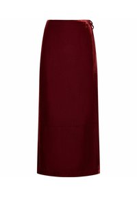 Burgunderrote Midirock aus weichem Stoff, mit geradem Schnitt, elastischem Bund und seitlichem Bindetail zur Anpassung.