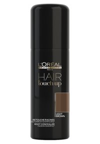 Svart sylinderformet sprayboks med gulltekst. Etiketten viser "L’Oréal Professionnel Hair Touch Up" og en fargeprøve merket "Lys brun."